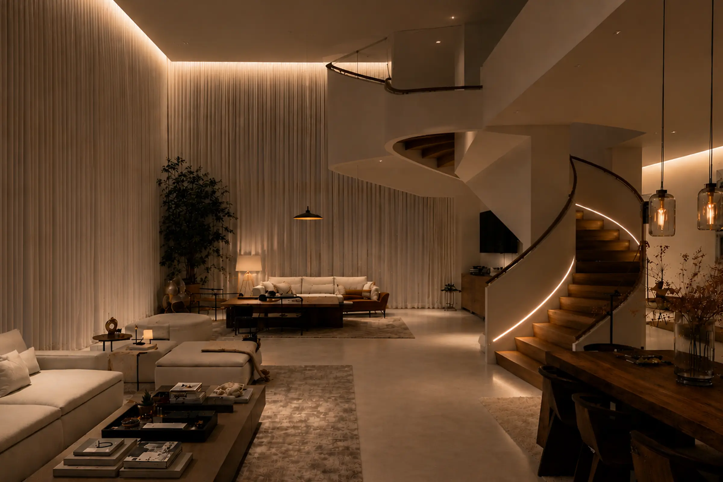 A living room with tall windows, custom roller shades lowering as the light dims to dusk