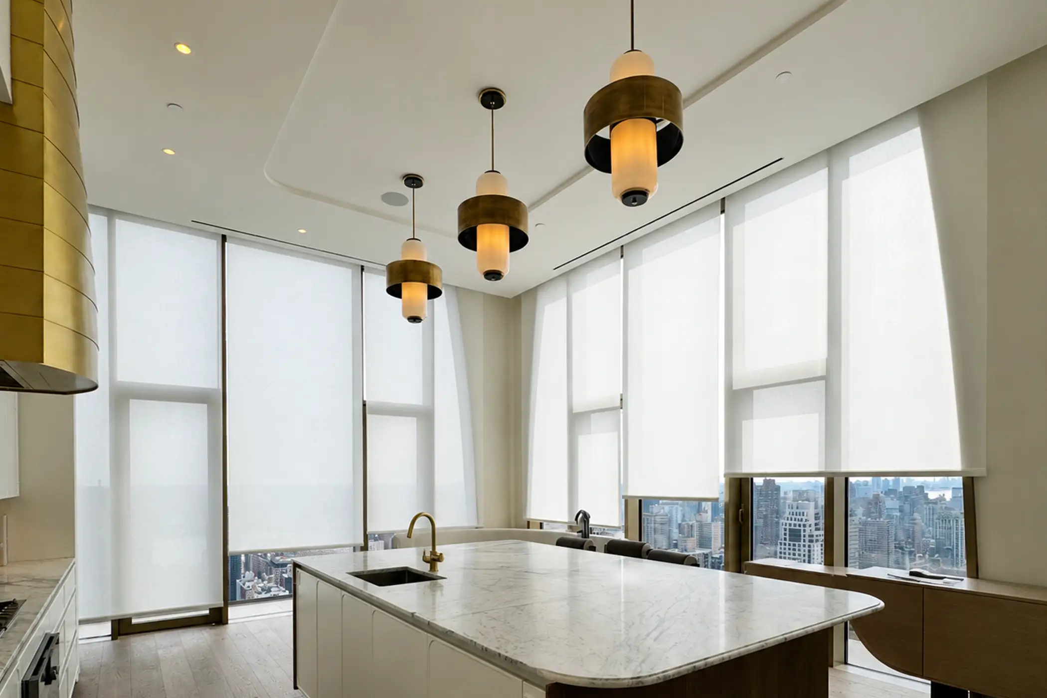 The Grand Sheer: floor-to-ceiling motorized linen drapery, sheers open
